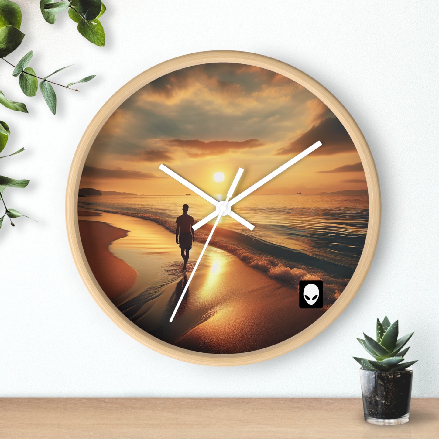 "Un paseo por la playa al atardecer" - El reloj de pared alienígena estilo fotorrealismo