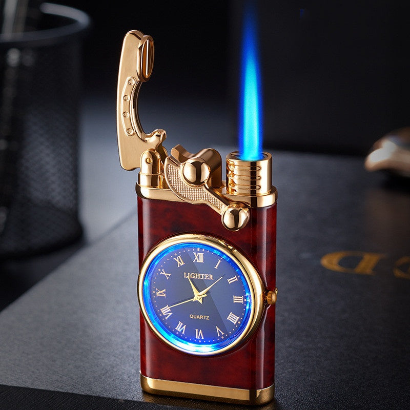 Neues Feuerzeug mit elektrischer Uhr, Kipphebel, automatische Zündung, gerade blaue Flamme, Feuerzeug, kreatives echtes Zifferblatt, aufblasbar, winddicht, Feuerzeug, Herrenuhr, Geschenk