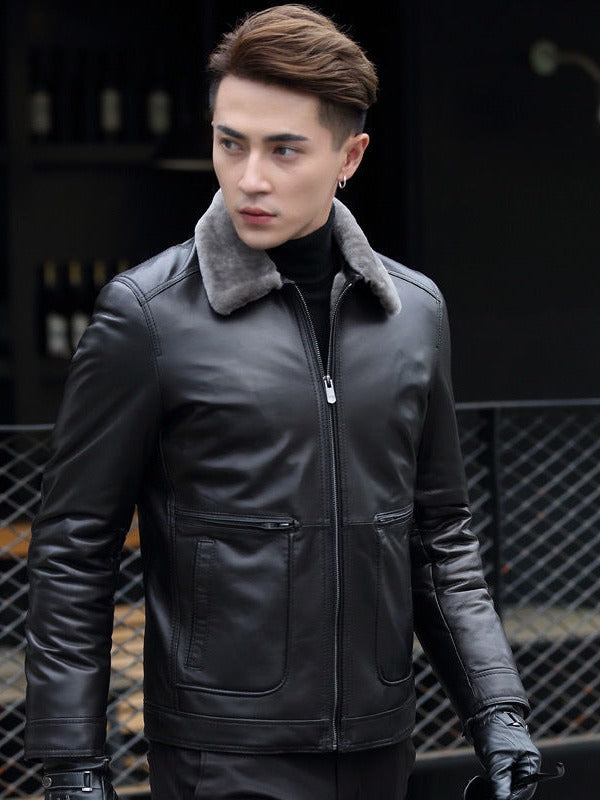 Male Leather Short Chic Motorcycle Jacket Thickened Coat