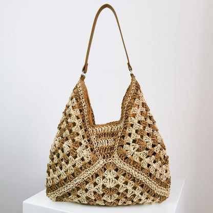 Women's Fashion Handmade Straw Woven Hollow Contrast Color Weave Shoulder Bag