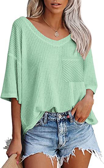 Camisas con cuello en V Mujer Verano Manga corta Tops verdes con bolsillo parcheado