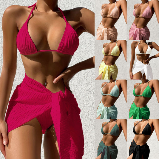 3-teiliges Neckholder-Badeanzug-Set für den Strand, einfarbig, sexy, rückenfreier Bikini mit Netzrock, Sommer-Damenbekleidung