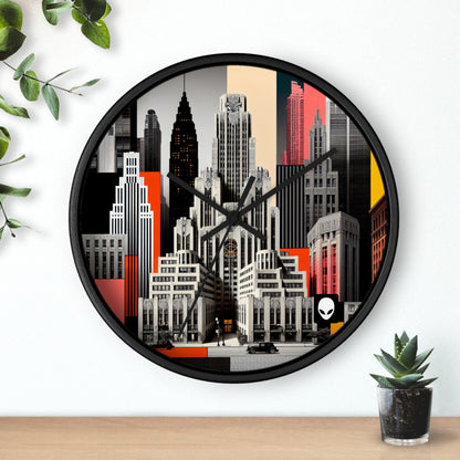 "A Contrast of Times: Classic Art Deco Skyscrapers and a Modern Cityscape" - The Alien Wall Clock Art Deco Style