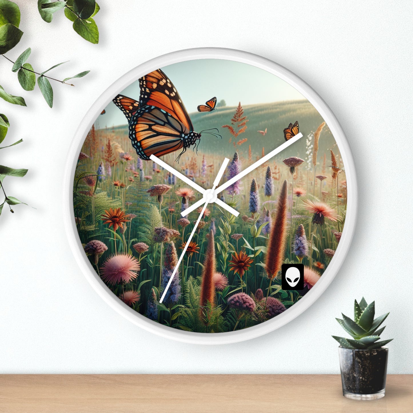 "Ein Monarch auf einer Wildblumenwiese" - Die Alien-Wanduhr im Realismus-Stil