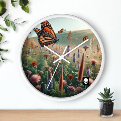 "Una monarca en una pradera de flores silvestres" - El estilo realista del reloj de pared alienígena