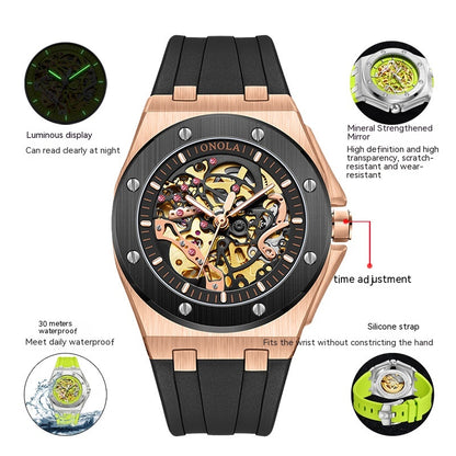 Reloj mecánico automático hueco luminoso impermeable con cinta