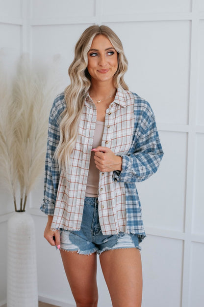 Spring Autumn Polyester Cotton Plaid Multi-Color Mosaic Cardigan Single-Breasted Shirt