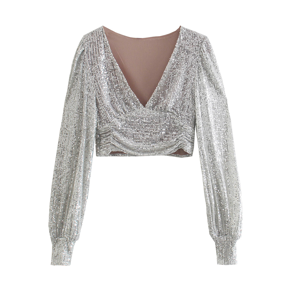 Women Clothing Party Puff Sleeve Sequined Blouse Long Sleeve Top