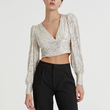 Women Clothing Party Puff Sleeve Sequined Blouse Long Sleeve Top