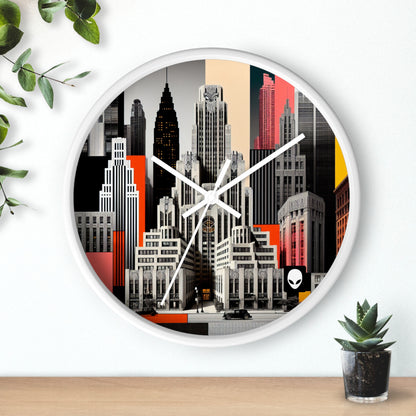 "Un contraste de tiempos: rascacielos Art Déco clásicos y un paisaje urbano moderno" - El reloj de pared alienígena estilo Art Déco