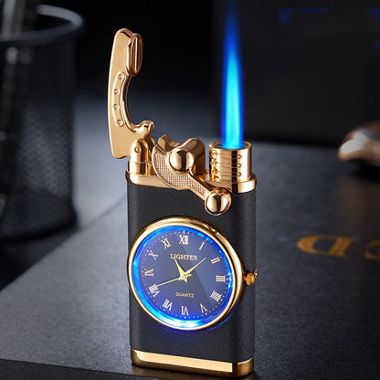 Nuevo encendedor con reloj eléctrico Brazo basculante Encendido automático Encendedor de llama azul recto Esfera real creativa Encendedor inflable a prueba de viento Reloj para hombres Regalo