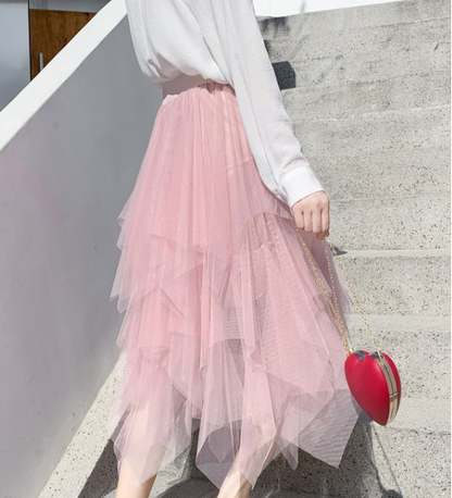 Spring Autumn Irregular Asymmetric Bottom Stitching Puffy Mesh Skirt High Waist Mesh Skirt Fairy Tide Skirt