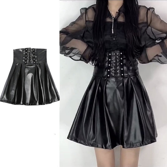 Black High Waist Small Leather Skirt Women's Cinched Pleated Split Skirt