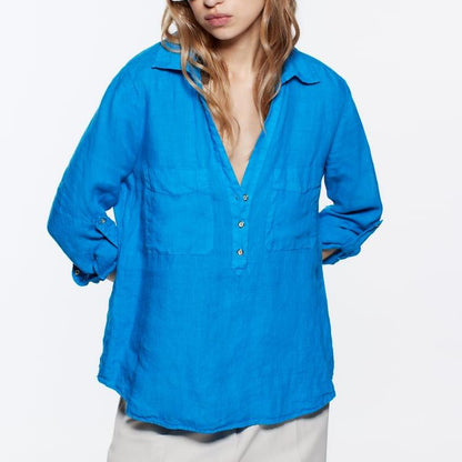 Summer New Three-Color Slub Cotton Long-Sleeved Shirt Mid-Length Pullover Top