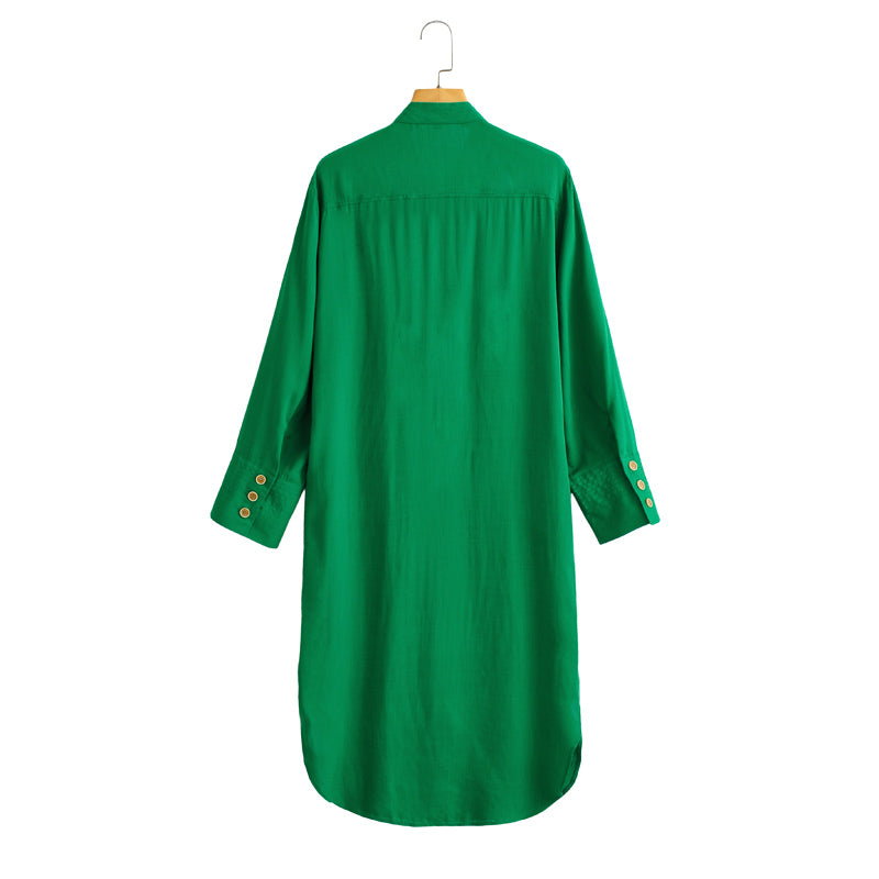 Sommer Neues Langarmkleid aus Baumwolle und Leinen mit Stehkragen und einreihigem Midikleid