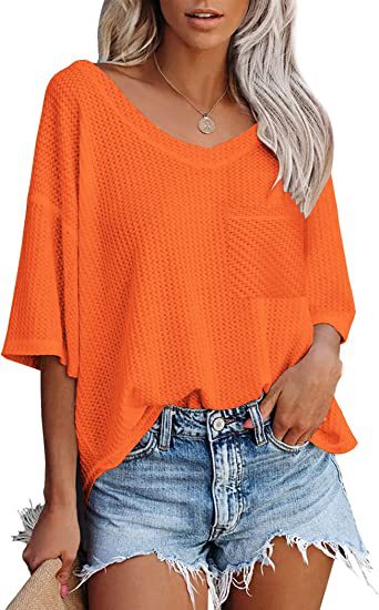 Camisas con cuello en V Mujer Verano Manga corta Tops verdes con bolsillo parcheado