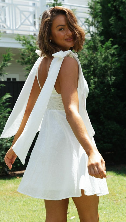 Vestido veraniego para mujer, ropa con hombros descubiertos, con cordones, adelgazante, Color sólido, Vestido corto con tirantes y pajarita