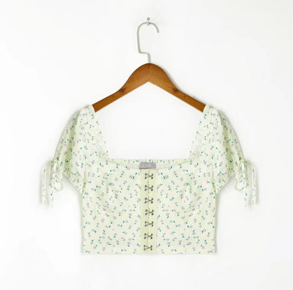 Spring Design Metal Hanging Buckle Drawstring Floral Low Collar Korean Elegant Back Elastic Short Sleeve Shirt