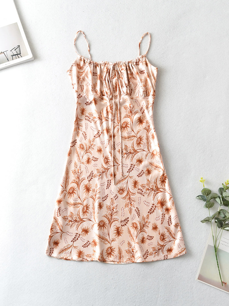 Sundress Spring French Minority Printed Satin Short Strap Dress