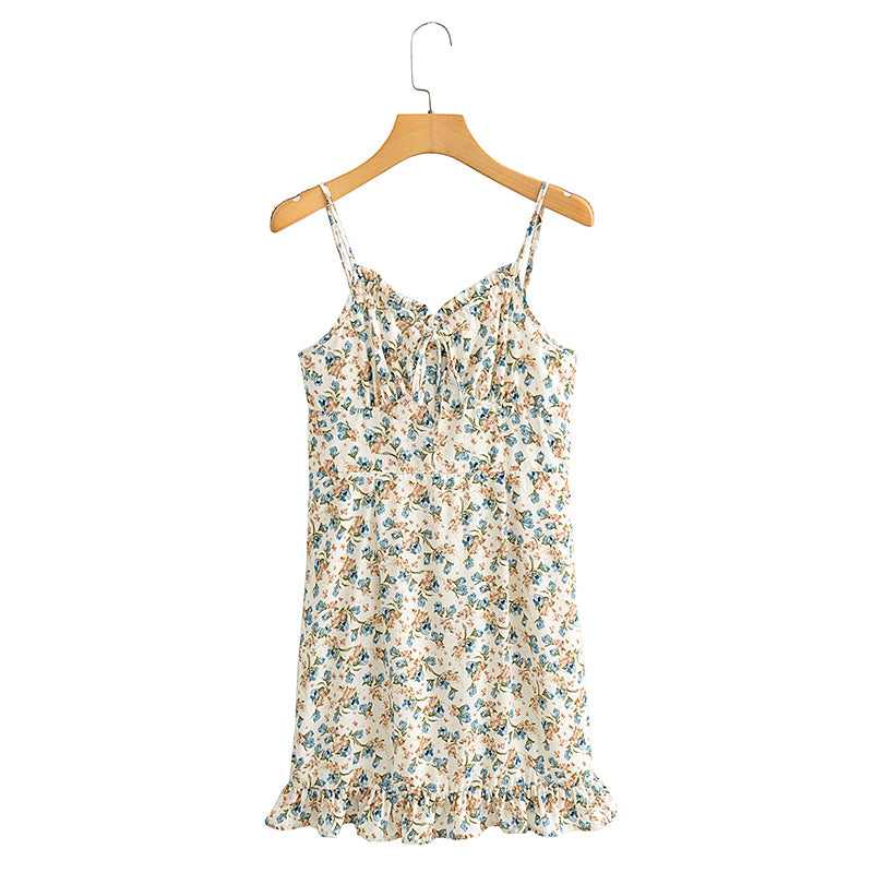 Summer Suspender Printed Dress Ruffled Tied Backless