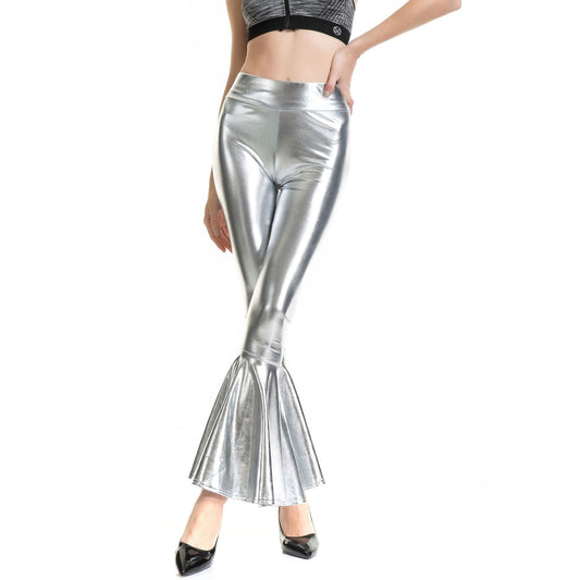 Metallic Coated Fabric Women Clothes High Waist Fashion Elastic Waist Gradient Color Bell Bottom Pants