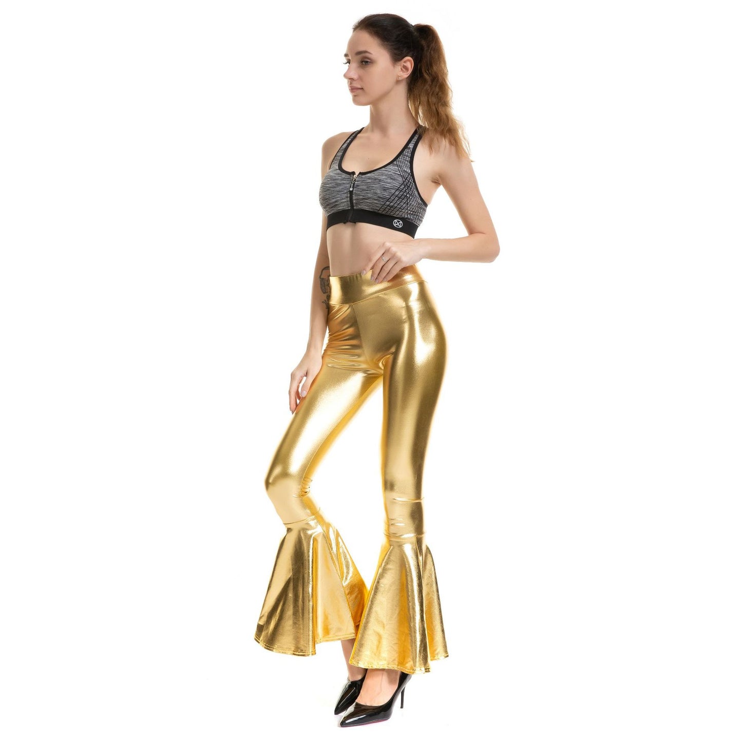 Metallic-beschichteter Stoff Damenkleidung Hohe Taille Mode Elastische Taille Farbverlauf Bell-Bottom-Hose