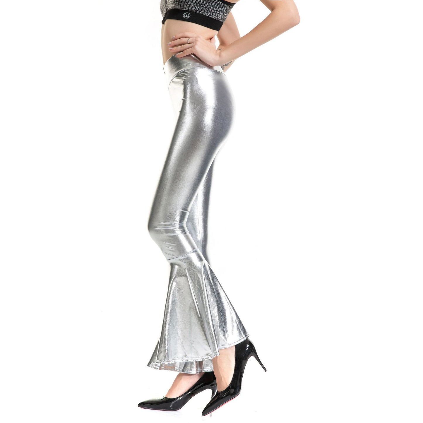 Metallic Coated Fabric Women Clothes High Waist Fashion Elastic Waist Gradient Color Bell Bottom Pants