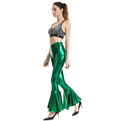 Metallic Coated Fabric Women Clothes High Waist Fashion Elastic Waist Gradient Color Bell Bottom Pants