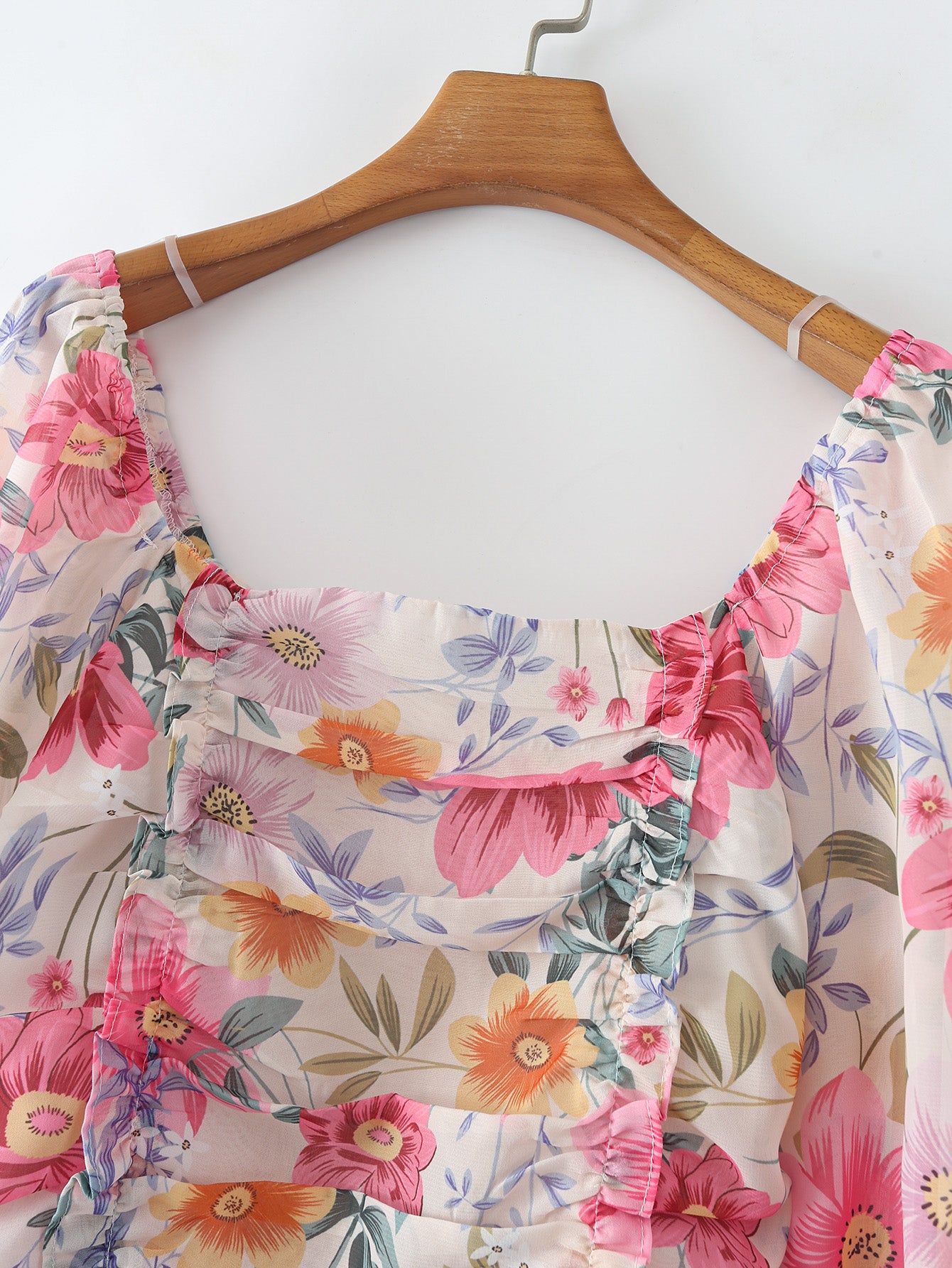 Camisa de gasa con estampado de manga larga y cuello cuadrado elegante y suave de verano para mujer