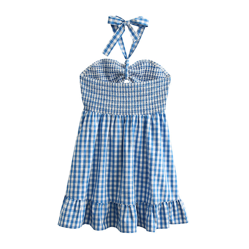 Short Spring Plaid Hollow Out Cutout Backless Strap Dress Tiered Dress