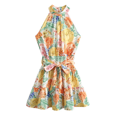 Vestido con cordones y estampado floral francés para primavera y verano, vestido corto con costuras y hombros descubiertos con volantes y cuello halter dulce