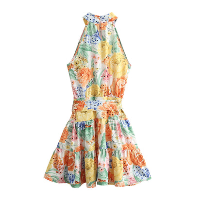 Vestido con cordones y estampado floral francés para primavera y verano, vestido corto con costuras y hombros descubiertos con volantes y cuello halter dulce