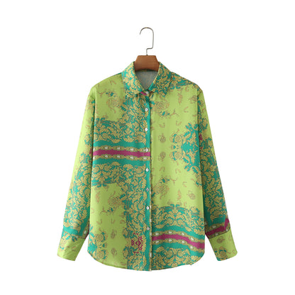 Camisa de manga larga verde con cuello y botonadura simple retro de moda de verano para mujer