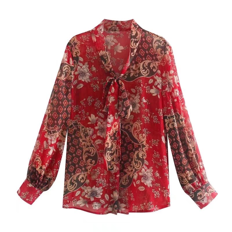 Women Clothing Summer Gold Thread Chiffon Printing Shirt with Ribbon