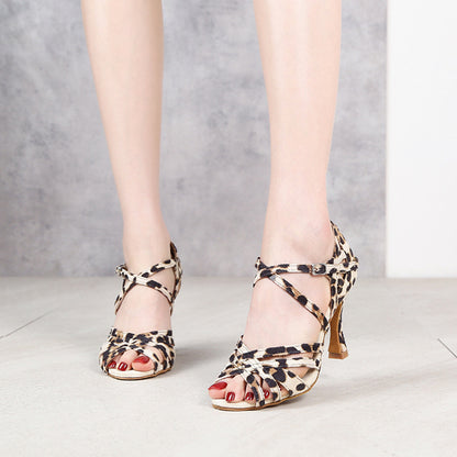 Zapatos de baile latino con estampado de leopardo Tacón de aguja para mujer Baile de fondo suave