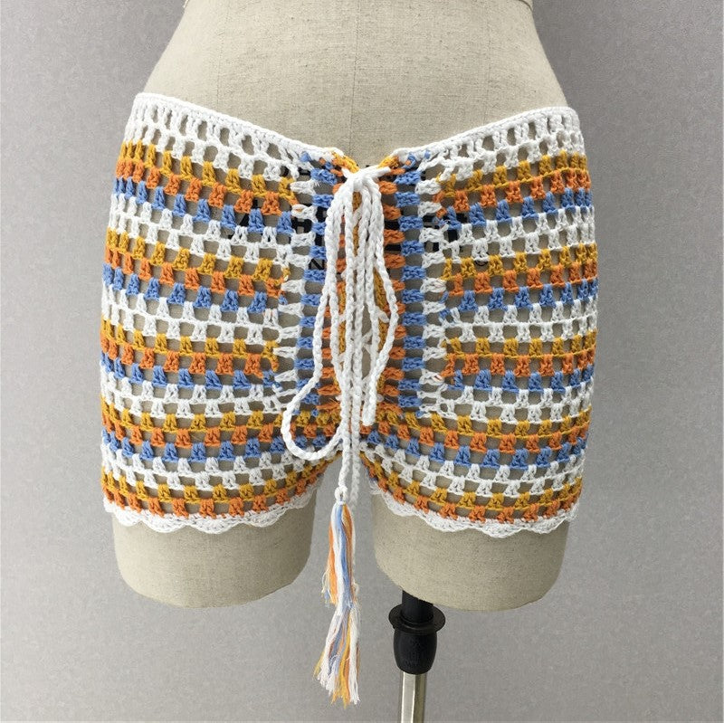 Shorts Popular Hand Crocheting Woven Beach Cover-up Sexy Handmade Knitted Striped Color