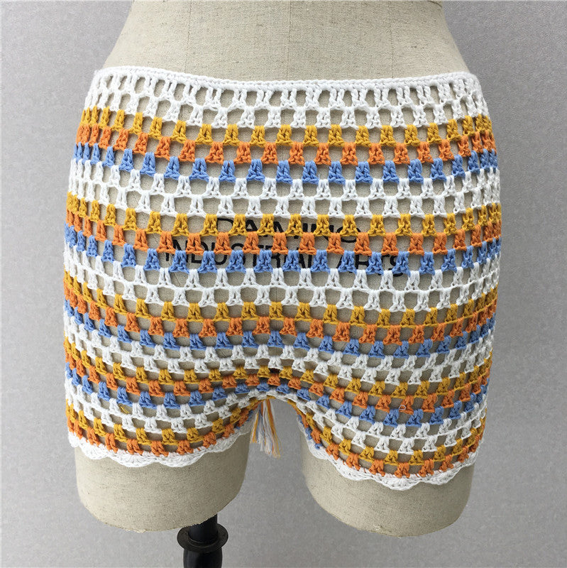 Shorts Popular Hand Crocheting Woven Beach Cover-up Sexy Handmade Knitted Striped Color