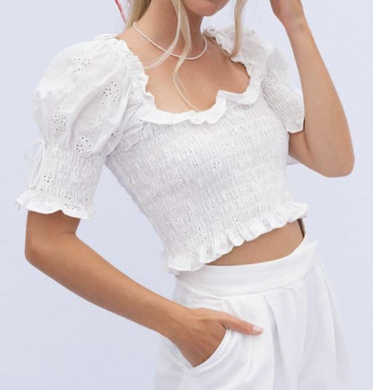 Spring Artistic Square Collar Bell Sleeve Elastic Pleated Bottoming Eyelet Embroidery Shirt for Women