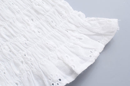 Spring Artistic Square Collar Bell Sleeve Elastic Pleated Bottoming Eyelet Embroidery Shirt for Women