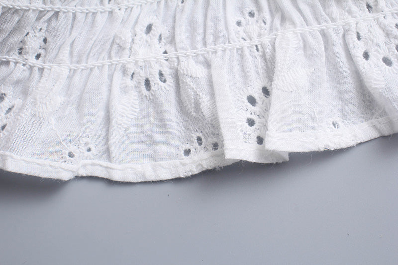 Spring Artistic Square Collar Bell Sleeve Elastic Pleated Bottoming Eyelet Embroidery Shirt for Women