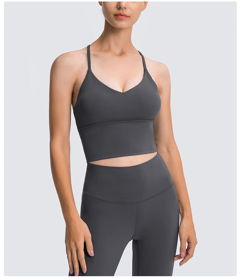 Ropa interior deportiva larga que combina con todo para mujer, Sujetador deportivo con tirantes finos cruzados y moldeador de espalda, a prueba de golpes, Push up, primavera y verano