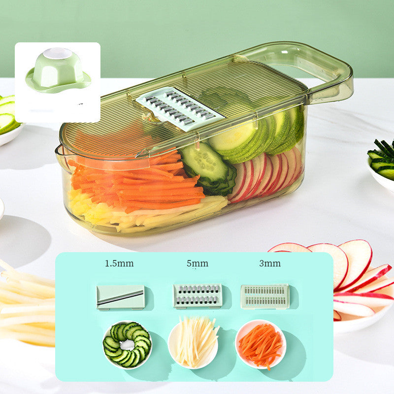 Multifunktionaler transparenter Gemüseschneider, Stahlklinge, Kartoffelschneider, Obstschnitzel, Würfelmesser, Karotte, Käsereibe, Zerkleinerer, Küchenhelfer