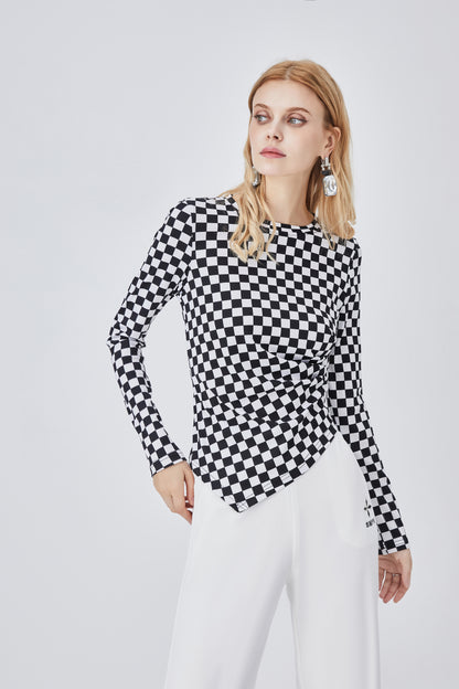 Spring Vintage Chessboard Plaid Black White Plaid Irregular Asymmetric All-Matching Slim Fit Slimming Bottoming Shirt