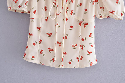 Summer Women Clothing Cherry Printed Sexy Square Collar Slimming Lace-up Short Sleeve Top