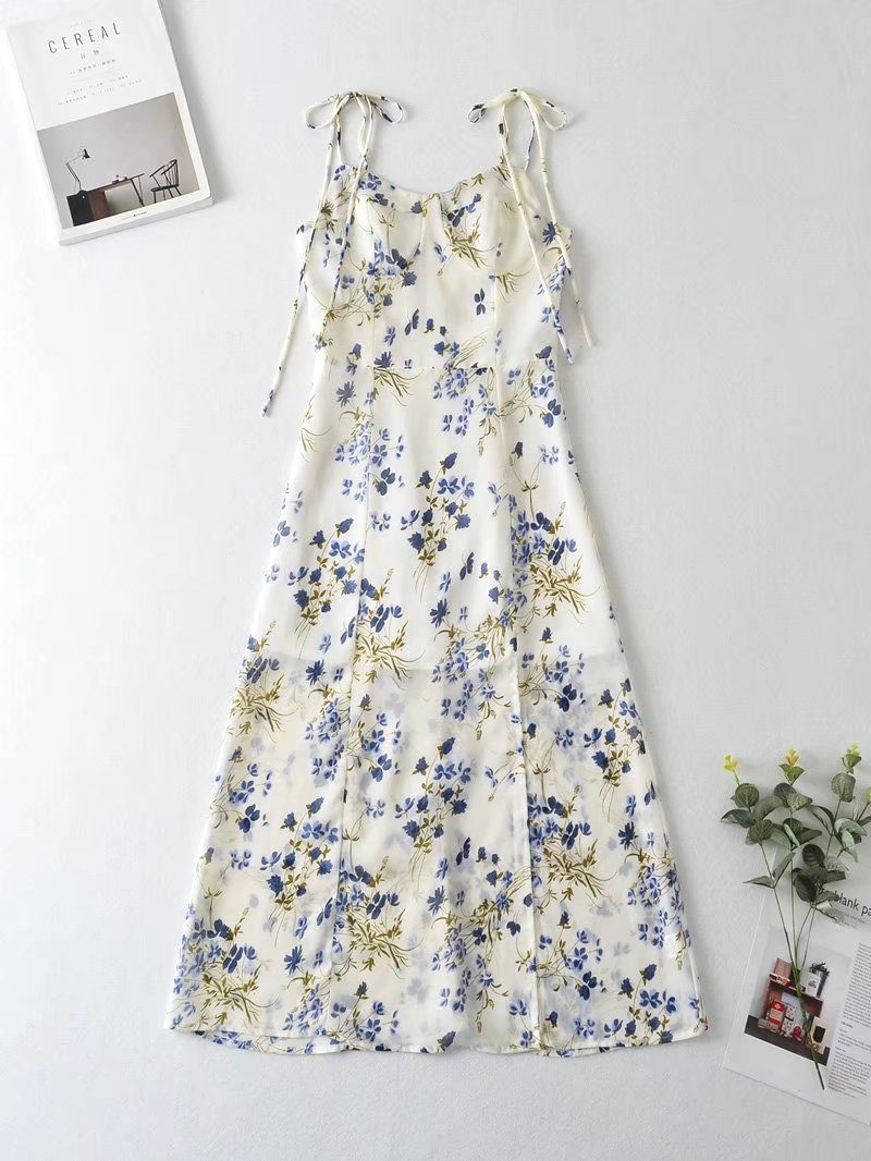 Französisch Sommer Frauen Strap Floral Kleid Hohe Taille Abnehmen Mid-Länge