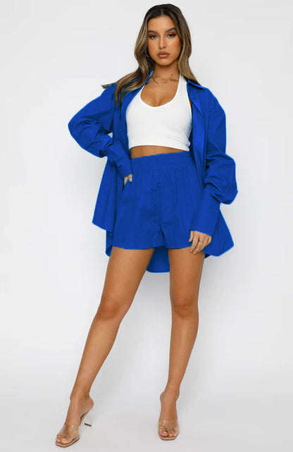 Damenbekleidung Sommer Einfarbig Lässig Locker Kragen Langarm Hemd Hohe Taille Shorts Zweiteiliges Set