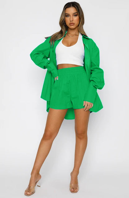 Damenbekleidung Sommer Einfarbig Lässig Locker Kragen Langarm Hemd Hohe Taille Shorts Zweiteiliges Set