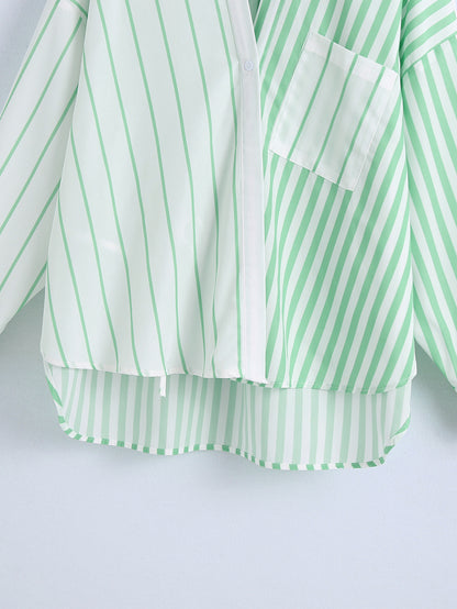 Summer Women Clothing Collared Long Sleeve Striped Loose Multicolor Chest Pocket Shirt Women