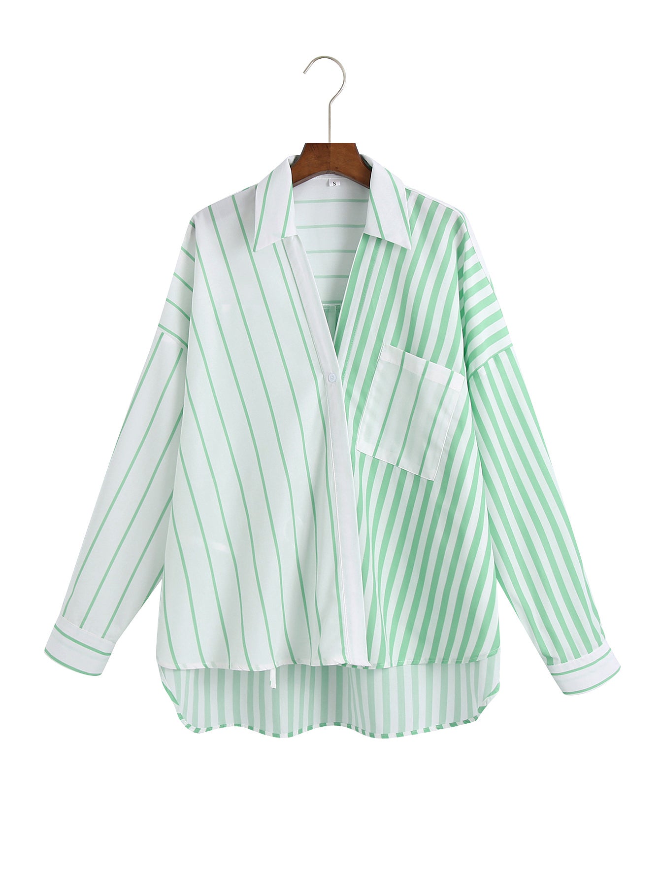 Summer Women Clothing Collared Long Sleeve Striped Loose Multicolor Chest Pocket Shirt Women