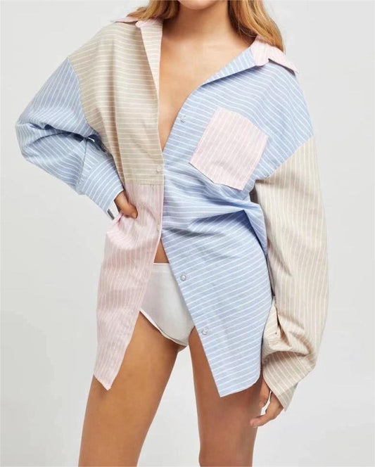 Ropa de verano para mujer, camisa de manga larga con rayas verticales de colores contrastantes, prenda exterior larga y holgada